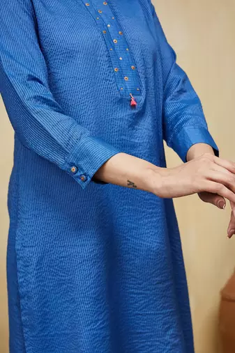 Blue plain cotton stripe kurti