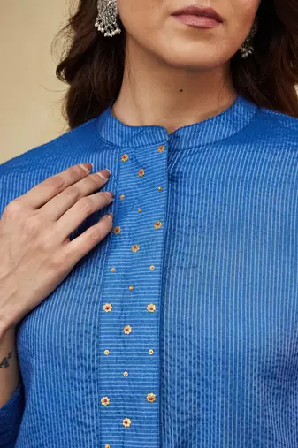 Blue plain cotton stripe kurti