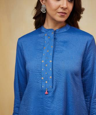 Blue plain cotton stripe kurti 5