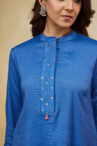 Blue plain cotton stripe kurti