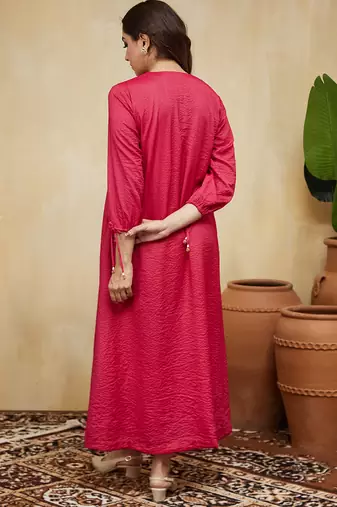 Pink plain cotton stripe kurti with tassels