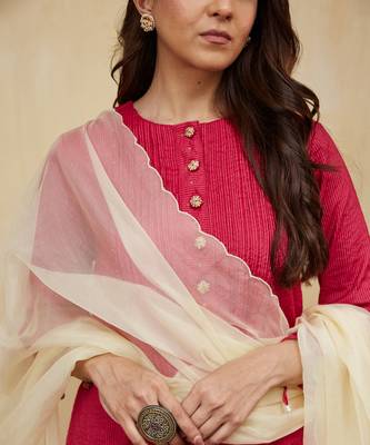 Pink plain cotton stripe kurti with tassels 5