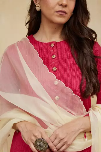 Pink plain cotton stripe kurti with tassels