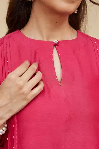 Pink plain chanderi kurti with handmade tassels