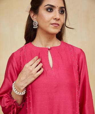 Pink plain chanderi kurti with handmade tassels 4