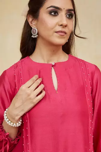 Pink plain chanderi kurti with handmade tassels
