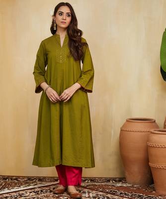 Olive green plain cotton silk kurti 1