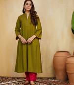 Olive green plain cotton silk kurti