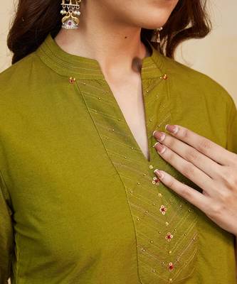 Olive green plain cotton silk kurti 2
