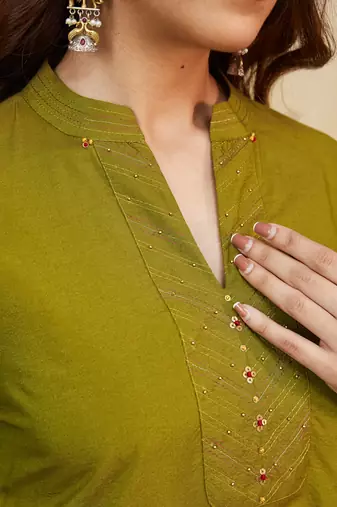 Olive green plain cotton silk kurti