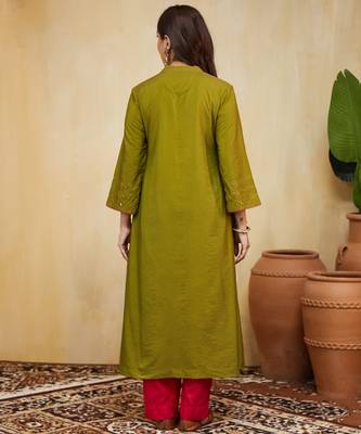 Olive green plain cotton silk kurti 3