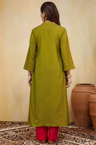 Olive green plain cotton silk kurti