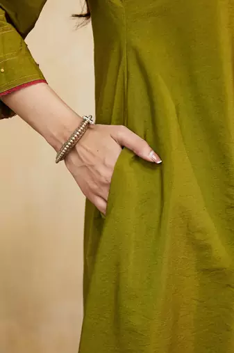 Olive green plain cotton silk kurti