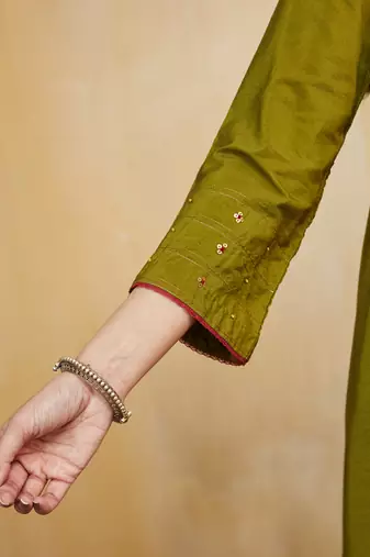 Olive green plain cotton silk kurti