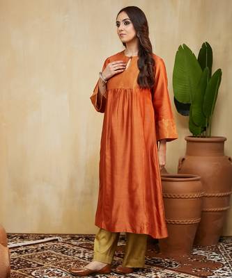 Orange plain chanderi kurti 1