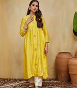 Pastel yellow floral embroidered chanderi kurti
