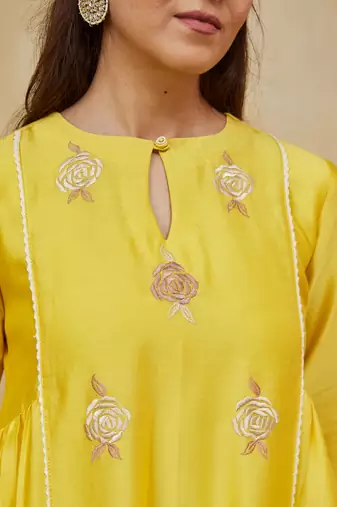 Pastel yellow floral embroidered chanderi kurti