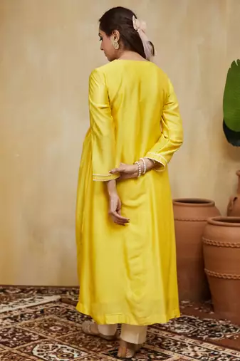 Pastel yellow floral embroidered chanderi kurti