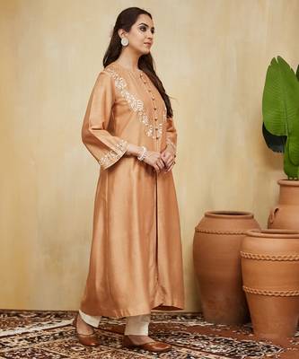Peach embroidered chanderi jacket kurti with slip 1