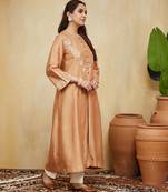 Peach embroidered chanderi jacket kurti with slip