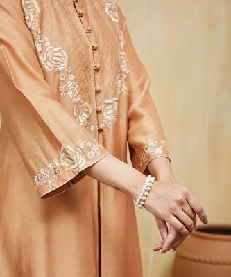 Peach embroidered chanderi jacket kurti with slip 2