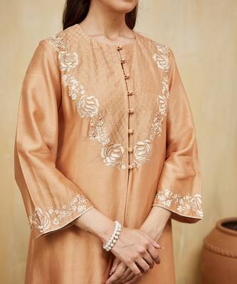 Peach embroidered chanderi jacket kurti with slip 3