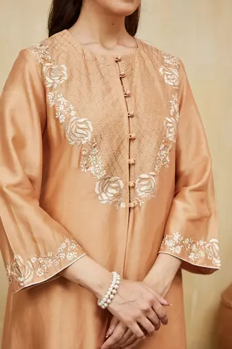 Peach embroidered chanderi jacket kurti with slip