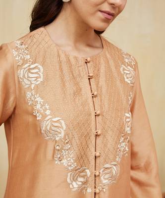Peach embroidered chanderi jacket kurti with slip 4