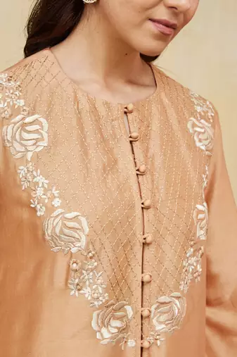 Peach embroidered chanderi jacket kurti with slip