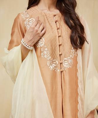 Peach embroidered chanderi jacket kurti with slip 5