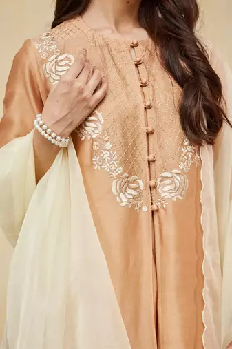 Peach embroidered chanderi jacket kurti with slip