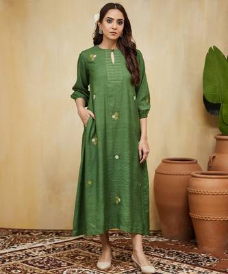 Green floral embroidered cotton kurti dress 1