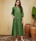 Green floral embroidered cotton kurti dress
