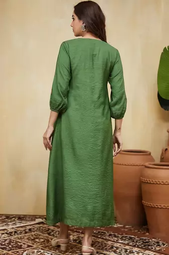 Green floral embroidered cotton kurti dress