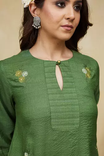 Green floral embroidered cotton kurti dress