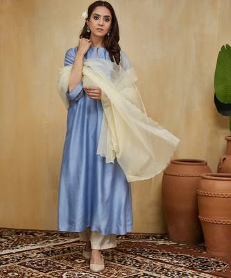 Pastel blue floral embroidered chanderi Kurta set 1