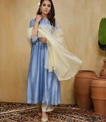 Pastel blue floral embroidered chanderi Kurta set