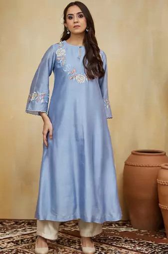 Pastel blue floral embroidered chanderi Kurta set