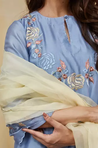 Pastel blue floral embroidered chanderi Kurta set