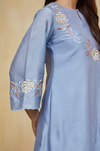Pastel blue floral embroidered chanderi Kurta set