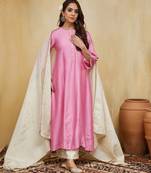 Pastel pink floral embroidered chanderi Kurta set