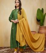 Green floral embroidered cotton Kurta set