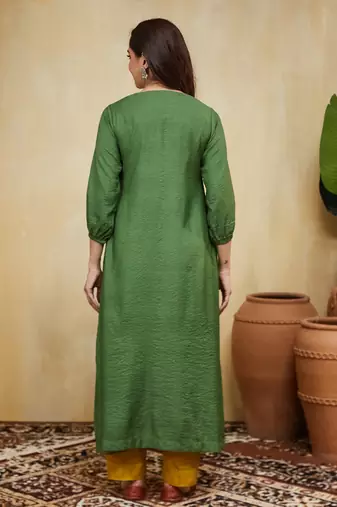 Green floral embroidered cotton Kurta set