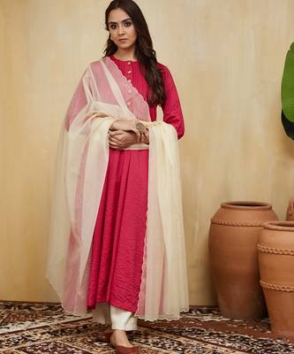 Pink plain cotton stripe with tassels Kurta set 1