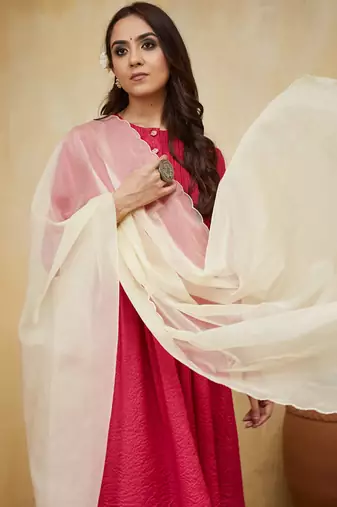 Pink plain cotton stripe with tassels Kurta set