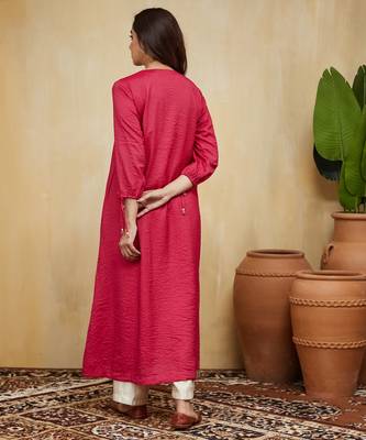 Pink plain cotton stripe with tassels Kurta set 3