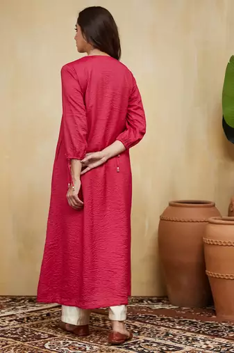 Pink plain cotton stripe with tassels Kurta set