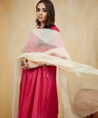 Pink plain cotton stripe with tassels Kurta set 4