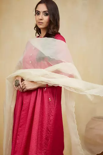 Pink plain cotton stripe with tassels Kurta set
