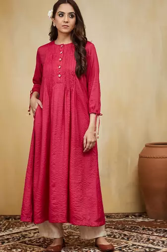 Pink plain cotton stripe with tassels Kurta set